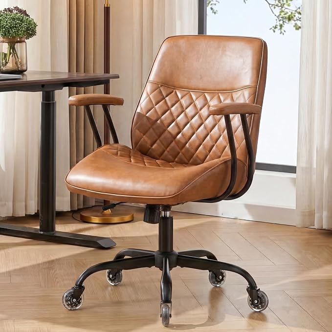NEO CHAIR Ergonomic Leather Office Desk Chair with Adjustable Armrests Mid Back Lumbar Support Swivel Executive Computer Chair with Wheels Comfy Home Office Chair for Adults (Brown)