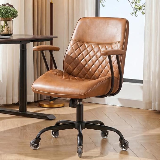 NEO CHAIR Ergonomic Leather Office Desk Chair with Adjustable Armrests Mid Back Lumbar Support Swivel Executive Computer Chair with Wheels Comfy Home Office Chair for Adults (Brown)
