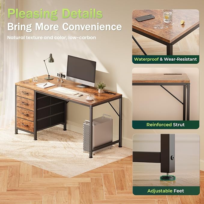 PRAISUN 47.2 Inch Computer Office Desk with Power Outelts and USB-C Port, Reversible Gaming Desk with 4 Fabric Drawers, Work Study Desk Work from Home, Rustic Brown