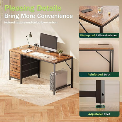 PRAISUN 47.2 Inch Computer Office Desk with Power Outelts and USB-C Port, Reversible Gaming Desk with 4 Fabric Drawers, Work Study Desk Work from Home, Rustic Brown