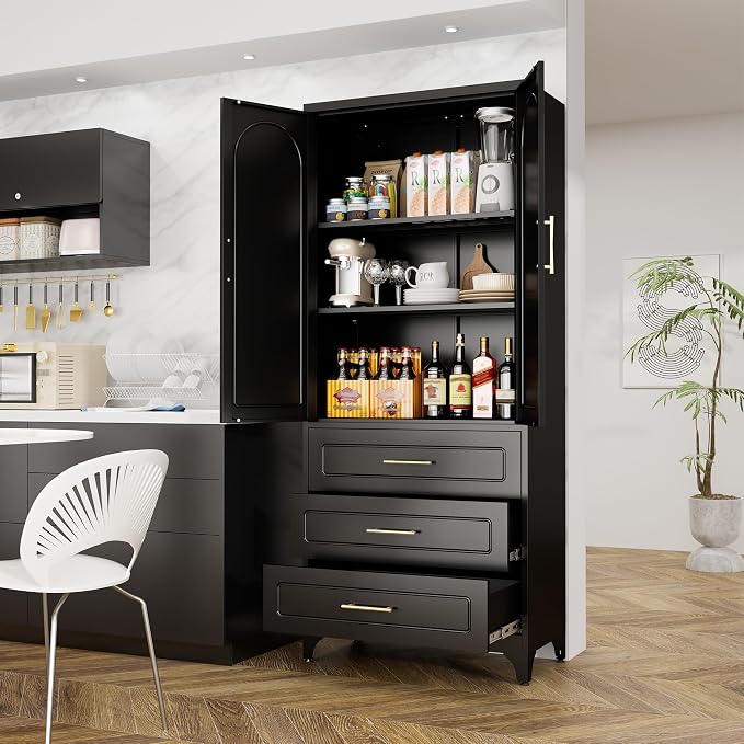 Kitchen Pantry Storage Cabinets with 3 Drawer, 75" Tall Metal Storage Cabinet with Doors and Shelves, Black Food Pantry, Steel Office Cabinet, Large Cupboard, for Kitchen, Dining, Living Room