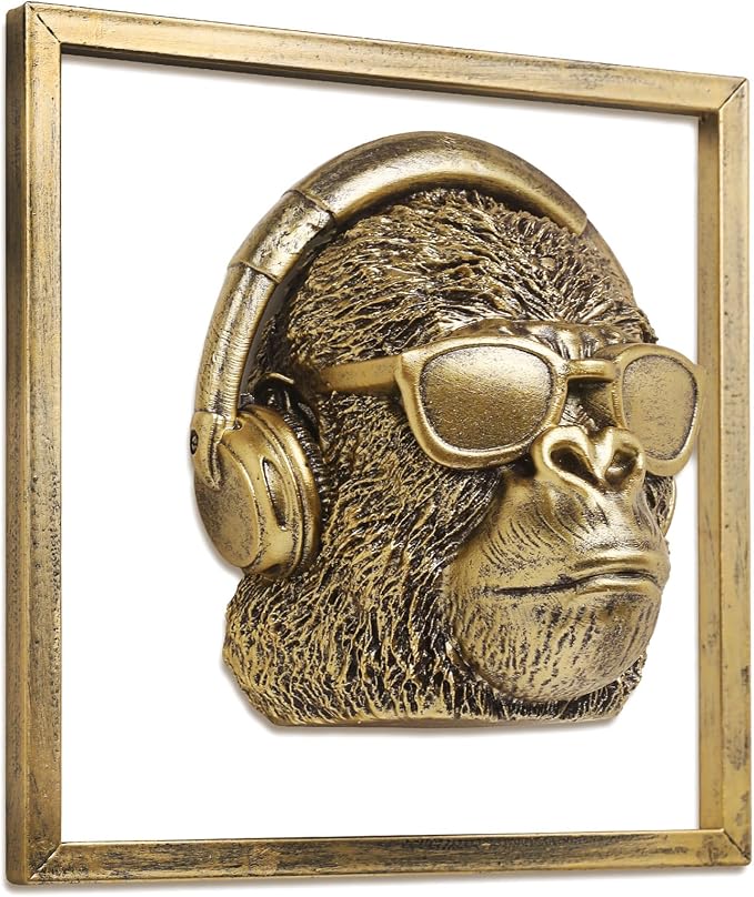 Newinhome Animal Heads Wall Decor (Includes Metal Frame) Resin Animals Sculptures Head Wall Hanging Decoration Gold vintage Wall Sculpture for Living Room Bedroom Office (Gorilla)