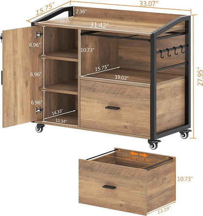 HSH Rolling File Cabinet with Lock, Mobile Lateral Filling Cabinet on Wheels, Wood Printer Stand with Storage Drawer, Modern File Cabinets Fits F4 Legal for Home Office, Rustic Oak, 33Inch