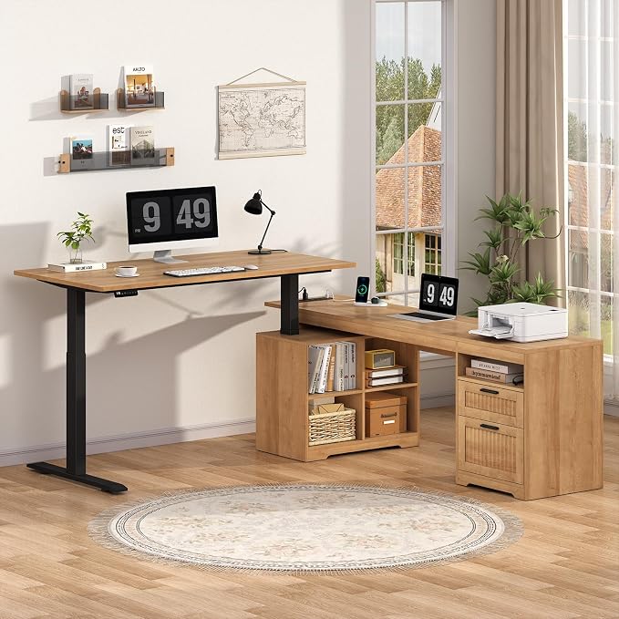 YOMILUVE Fluted L Shaped Standing Desk, 66 inch Corner Electric Standing Desk with Drawers ＆ Storage Shelves, Height Adjustable Computer Desk with Power Outlets for Home Office (Oak)