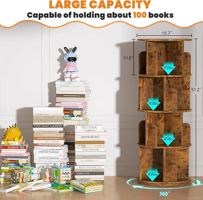 Besiost Rotating Bookshelf, Corner Bookshelf, 360 Display Wood Spinning Bookcase Storage Rack, Floor Standing Revolving Bookcase Narrow Book Shelf Organizer for Small Space, Bedroom, Rustic Brown