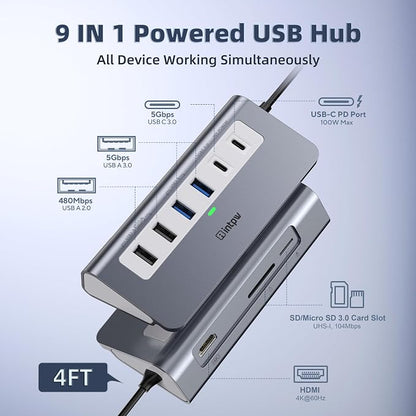 intpw USB C Hub, P9 USB C Hub Multiport Adapter with 4K@60Hz HDMI, PD 100W, Type-C & 2 USB A 3.0 5Gbps, 2 USB A 2.0, SD/TF Ports, Aluminum USB Hub for Laptop, iPhone 17 Series, MacBook, iPad