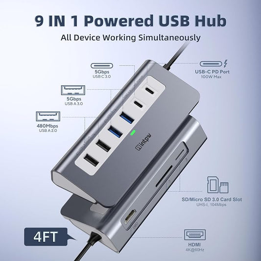intpw USB C Hub, P9 USB C Hub Multiport Adapter with 4K@60Hz HDMI, PD 100W, Type-C & 2 USB A 3.0 5Gbps, 2 USB A 2.0, SD/TF Ports, Aluminum USB Hub for Laptop, iPhone 17 Series, MacBook, iPad