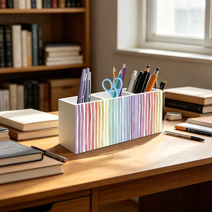Boho Rainbow Striped Pen Pencil Holder Organizer for Office Classroom Desk Decor Accessories, Watercolor Colorful Rainbow Wood Signs Makeup Brush Toothbrush Holder for Bathroom Vanity