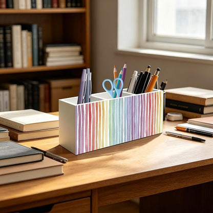 Boho Rainbow Striped Pen Pencil Holder Organizer for Office Classroom Desk Decor Accessories, Watercolor Colorful Rainbow Wood Signs Makeup Brush Toothbrush Holder for Bathroom Vanity