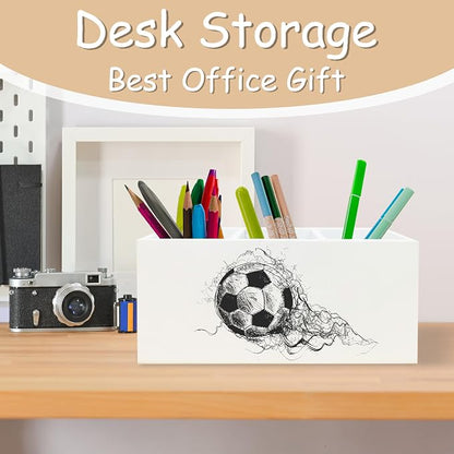 Soccer Ball Pen Pencil Holder Organizer for Desk, Soccer Fan Lovers Players Gifts Wooden Box Block Sign for Home Office Tabletop Decor