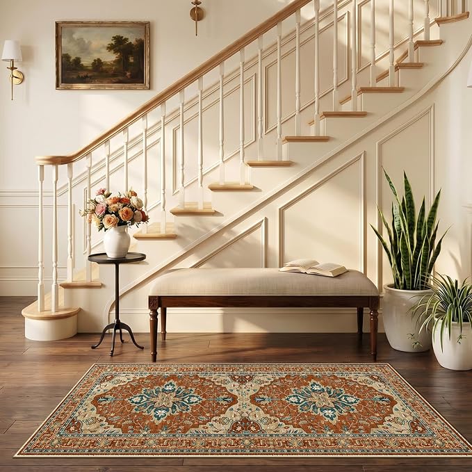 RELEANY Area Rugs Runner 2'6"x5' Washable Non-Slip, Floral Vintage Distress Medallion Carpet for Kitchen Hallway Bedroom Beside Laundry Room Bathroom, Red Orange Blue Brown