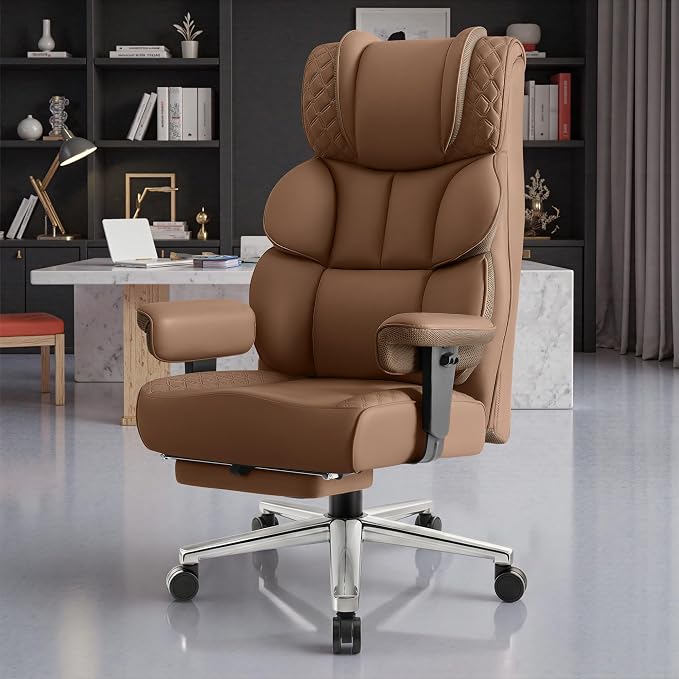 BestGlory Office Desk Chair, Big and Tall Leather Gaming Chair with Footrest, Ergonomic Comfy Executive High-Back Reclining Computer Chairs, Wide Swivel Rolling Wheels and Padded Lumbar Support,