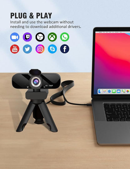 HD 1080P Webcam with Built-in Microphone and Rotatable Tripod, 1080P Video and Wide Angle Camera, Privacy Cover, for Desktop PC or Laptop Computer （Grey）