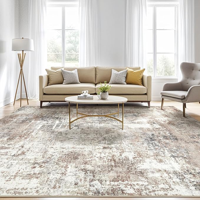 LOONGRUG 5x8 Area Rug Living Room: Machine Washable Large Abstract Soft Rugs Stain Resistant Indoor Floor Non Slip Accent Carpet for Bedroom Nursery Playroom Office Dining Room Dorm Home House- Brown