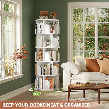 Besiost Rotating Bookshelf Tower, 5 Tier Spinning Bookcase, Revolving 360 Book Shelf Narrow Tall Bookcase, Vertical Turning Round Bookshelf Organizer, Wood Corner Book Shelf for Small Space, White