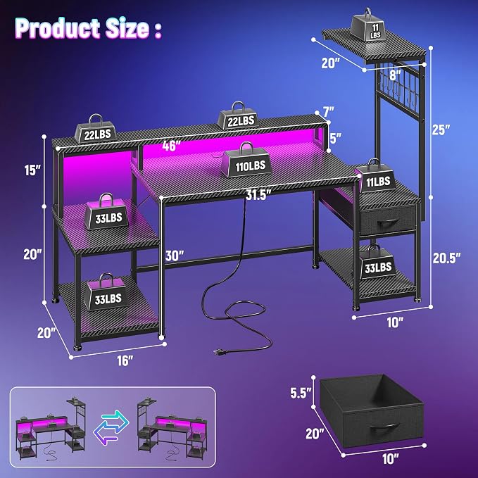 DurayLoly 55" Gaming Desk with LED Lights & Outlets,Computer Desk with Drawers & Monitor Stand,Gaming Table with 3 Storage Shelves, Hooks& Printer Space for Game&Study Room,Home Office,Bedroom,Black
