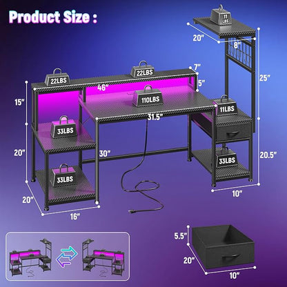 DurayLoly 55" Gaming Desk with LED Lights & Outlets,Computer Desk with Drawers & Monitor Stand,Gaming Table with 3 Storage Shelves, Hooks& Printer Space for Game&Study Room,Home Office,Bedroom,Black
