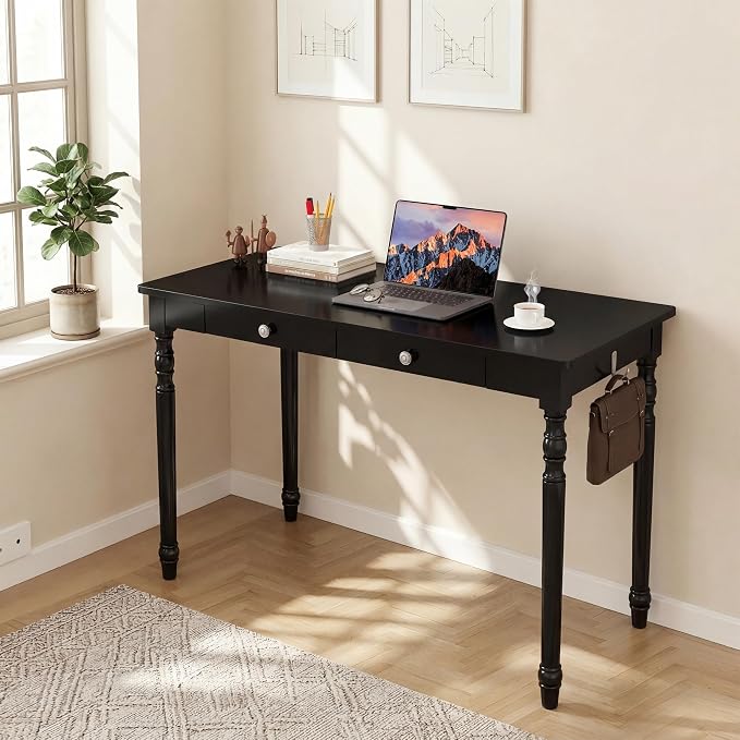 Mid Century Modern Desk, 47" Black Solid Wood Desk with 2 Drawers, Boho Writing Desk Computer Table for Home, Office, Bedroom, Living Room