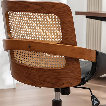 Home Office Desk Chair with Ergonomic Rattan Backrest, Walnut Crafts, Curved Arms, Faux Leather, Caster Wheels, Height Adjustable, Computer Chair for Desk Work, Executive Task, Conference Room - Black