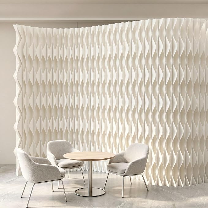 Accordion Kraft Paper Room Divider, 3D Diamond Wave Privacy Screen, Modern Freestanding Folding Partition, No Drill & Portable for Home Office Studio Salon White