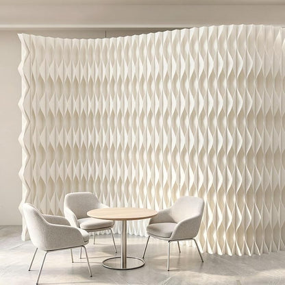 Accordion Kraft Paper Room Divider, 3D Diamond Wave Privacy Screen, Modern Freestanding Folding Partition, No Drill & Portable for Home Office Studio Salon White