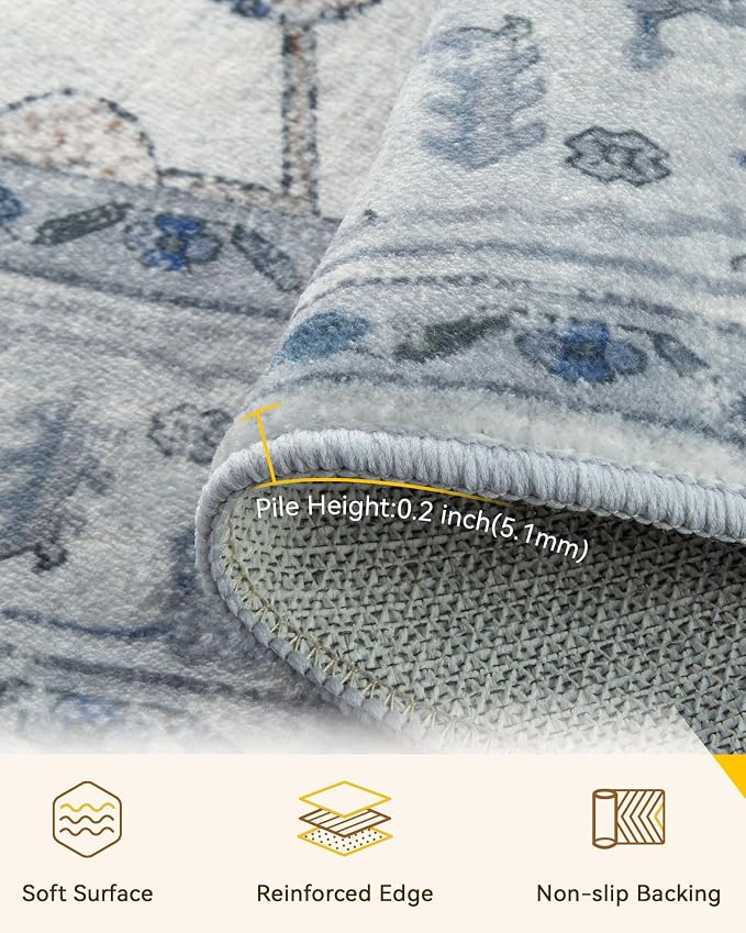 RELEANY Area Rugs Round 6ft Washable Non-Slip, Floral Vintage Distress Medallion Carpet for Living Room Bedroom Dining Room, Light Blue Navy Gray White