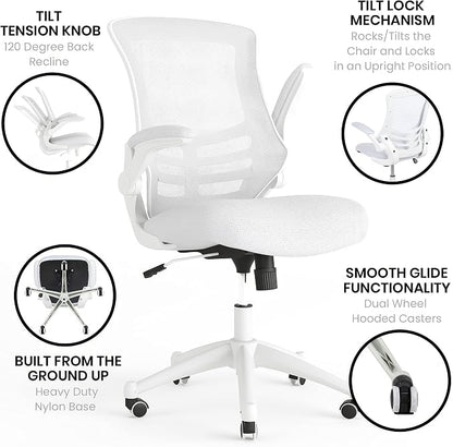 Flash Furniture Kelista Mid-Back Swivel Office Chair with Adjustable Lumbar Support and Seat Height, Ergonomic Mesh Desk Chair with Flip-Up Armrests, White