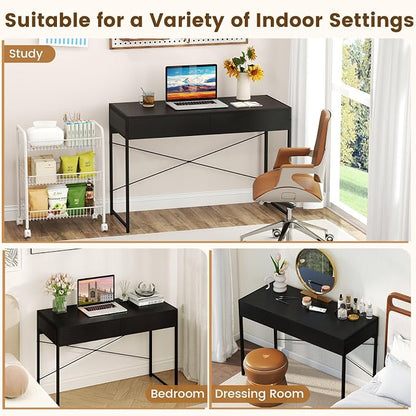 GOFLAME 44 Inch Computer Desk with 2 Drawers, Home Office Desk with Metal Frame, Small Study Writing Workstation with Storage, PC Laptop Table for Living Room, Bedroom, Study, Black