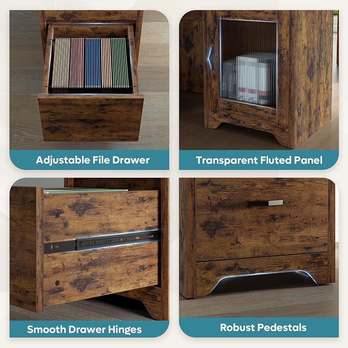 Bestier Farmhouse L Shaped Desk with Drawers, 63" x 47" Office Computer Desk with Charging Station & Fluted Storage Cabinet, Corner Desk with File Drawers, Modesty Panel for Home Office, Rustic Brown