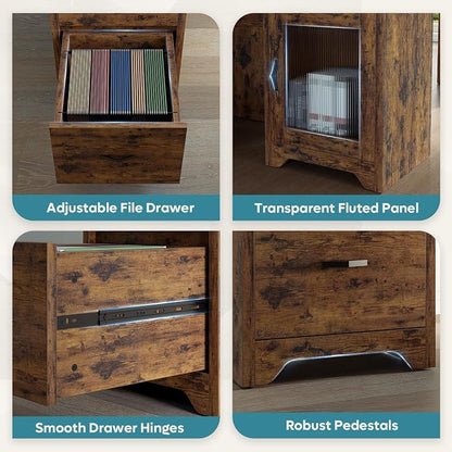Bestier Farmhouse L Shaped Desk with Drawers, 63" x 47" Office Computer Desk with Charging Station & Fluted Storage Cabinet, Corner Desk with File Drawers, Modesty Panel for Home Office, Rustic Brown