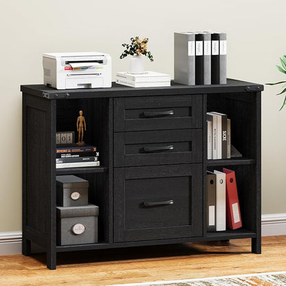 Halitaa 3 Drawer File Cabinet, Farmhouse Lateral Filing Cabinet Fits Files Letter or A4 Size, Wooden Printer Stand with Open Storage Adjustable Shelf for Home Office, Black