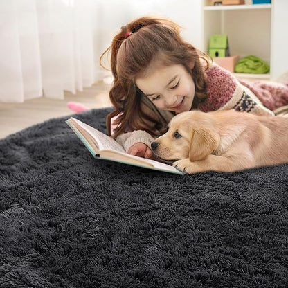 OLANLY Black Round Rugs for Bedroom - Machine Washable, 6 ft Circle Area Rugs for Living Room, Soft and Fluffy Shaggy Carpet for Teen Girls and Boys, Nursery Rooms, Dorms, Home Decor Aesthetic