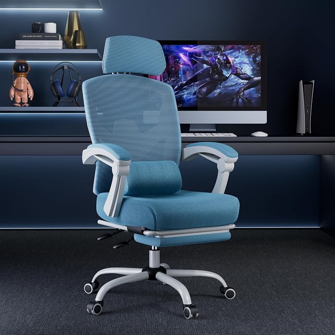 DUMOS Office Desk Computer Chair with Footrest, Ergonomic Mesh Swivel Gaming Chair with Rolling Wheels, Comfortable Headrest, Lumbar Support, Comfy for Home, Office, Task, Student, Elegant Blue
