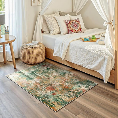 RELEANY Washable Area Rugs 3'x5' Non-Slip Modern Abstract Soft for Living Room Entryway Bedroom Kitchen, Print Pattern, Green Orange Rust Red Cream Colorful