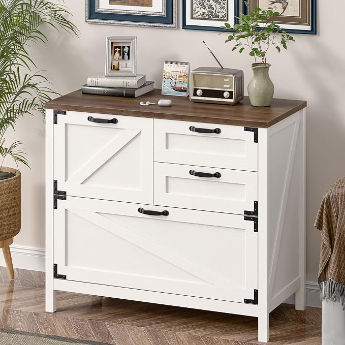 Befrases Farmhouse File Cabinet, Lateral Filing Cabinet with 4 Drawers for Letter/A4 Size Hanging Files, Large Wooden Printer Stand File Storage Cabinet for Home Office, Rustic White