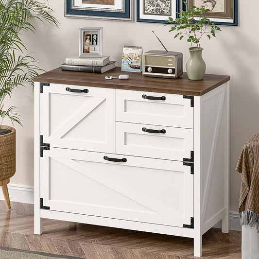 Befrases Farmhouse File Cabinet, Lateral Filing Cabinet with 4 Drawers for Letter/A4 Size Hanging Files, Large Wooden Printer Stand File Storage Cabinet for Home Office, Rustic White