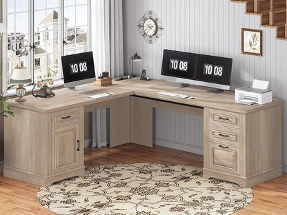SEDETA Farmhouse 69" Executive L Shaped Desk, Corner Computer Desk with Storage Drawers and Power Outlet, Home Office Desk with File Drawer for Home Office, Oak