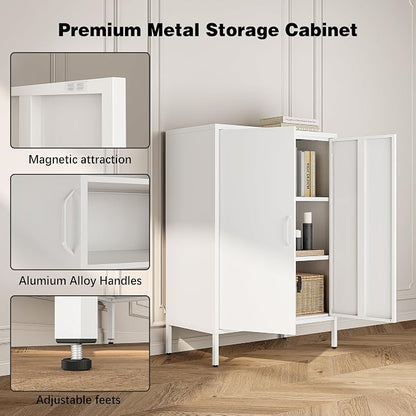Bevivog Metal Locker Cabinet with 2 Doors, White Metal Accent Cabinets for Home Office, 40" Counter Height Storage Lockers Sideboard for Home Office Kitchen Living Room Hallway Entryway