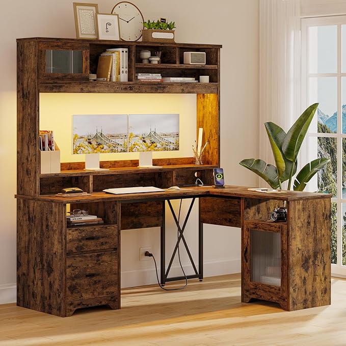Bestier Farmhouse 63" L Shaped Desk with Hutch, Wood Computer Desk with Drawers, Charging Station, LED Light, Fluted Sliding Door Cabinet, Monitor Stand, Executive Desk for Home Office, Rustic Brown