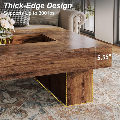LVB Rustic Coffee Table, Large Wood Living Room Table with Storage, Modern Long Rectangle Led Center Table, Farmhouse Unique Low Wide Tea Table with LED Light for Home Office, 47.24 in, Rustic Brown