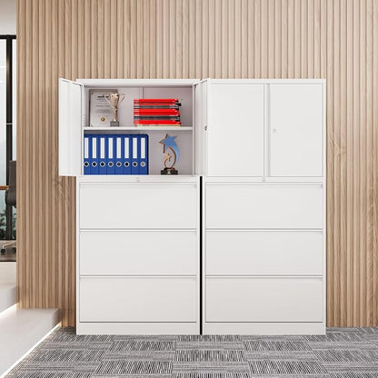 3 Drawer Lateral File Cabinet, Office Storage Cabinet with 3 Wide&Deep Drawers and Locking Doors, White Metal Cabinet with Adjustable Shelves for Home Office, Fits A4/Letter/Legal Size Folders