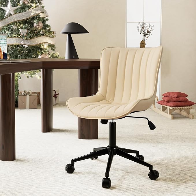 YOUNIKE Ergonomic Home Office Desk Chair with Wheels Comfy Armless Vanity Chair with Adjustable Back Modern Leather Upholstered Swivel Computer Chair Small Cute Rolling Task Chair for Women Beige