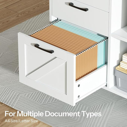 HOOBRO Lateral File Cabinet with Charging Station, Wooden Office Storage Cabinet with 3 Drawers and Door,Farmhouse Filing Cabinet Printer Stand for Home Office, Fits A4, Letter Size, White WH35UWJ01