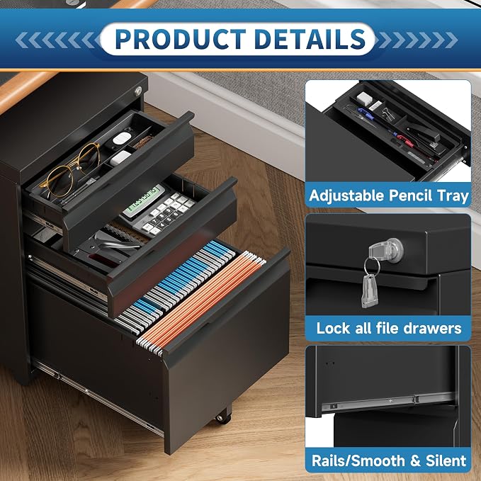 Locking File Cabinet 3 Drawers on Wheels Under Desk, Metal Filing Cabinets for Home Office, A4, Letter-Size Files, Hanging File Folders-Black