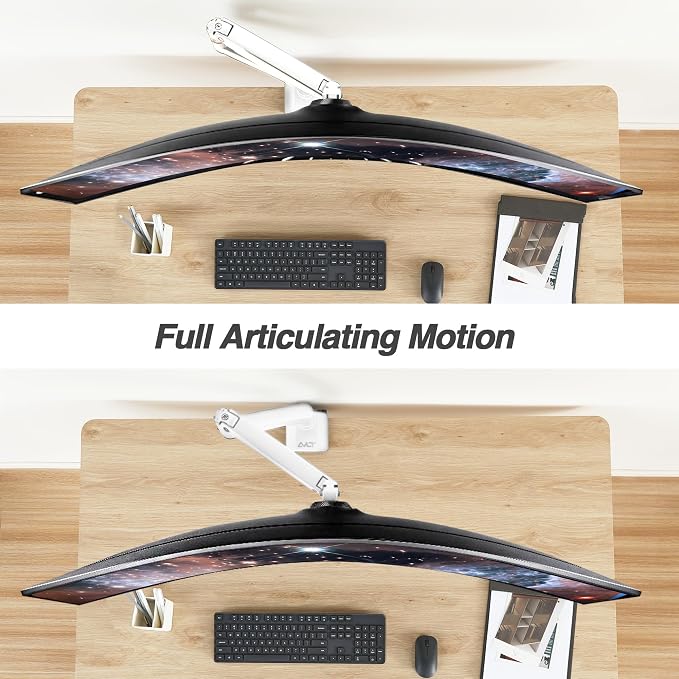 AVLT Single Monitor Arm Desk Mount for 17-49" Screens, Heavy Duty - White | Supports flat/curved/ultrawide screens up to 50 lbs. Gas spring lift, USB 3.0/AUX ports, VESA and cable management.