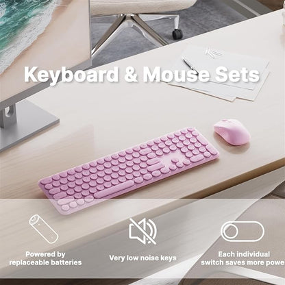 Wireless Keyboard and Mouse Combo with 110 Round Keycaps, Power Switch, and Scissor-Switch Typing Feel – Ideal for Office Use (Pink)
