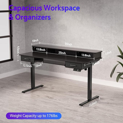 WALKINGDESK 55x24 Inches Electric Standing Desk with Keyboard Tray, Height Adjustable Stand up Desk with 2 Drawers, Ergonomic Sit to Stand Desk with Storage Monitor Stand, Computer Table, Black