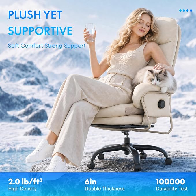 FLEXISPOT Cooling Ergonomic Office Chair with Footrest Indoor Lounge Computer Chair with 90-165° 4-Level Reclining, Chairs for Working Relaxing Sleeping, Tech Cooling Leather with 0.4 Q-Max, White