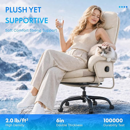 FLEXISPOT Cooling Ergonomic Office Chair with Footrest Indoor Lounge Computer Chair with 90-165° 4-Level Reclining, Chairs for Working Relaxing Sleeping, Tech Cooling Leather with 0.4 Q-Max, White
