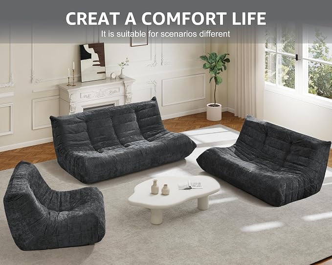 Hobestluk Giant Bean Bag Chair Faux Fur BeanBag Couch for Living Room | Darkgrey Chenille, 3-Seater,Ergonomic Design,Memory Foam,Anti-slip Bottom,No Assembly,Decorative Style for Living Room
